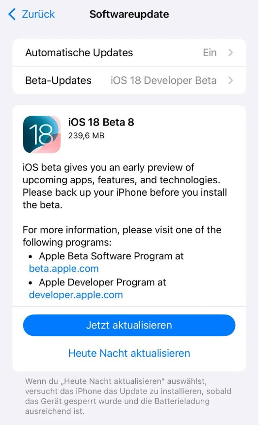 范县苹果手机维修分享苹果 iOS / iPadOS 18 开发者预览版 Beta 8 发布 